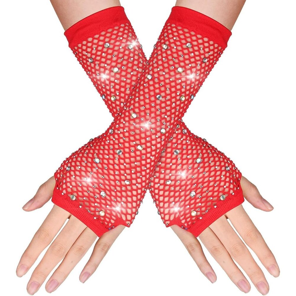 Women's Red Punk Fish Net Long Arm Sleeve Rhinestone Gloves Costume Halloween